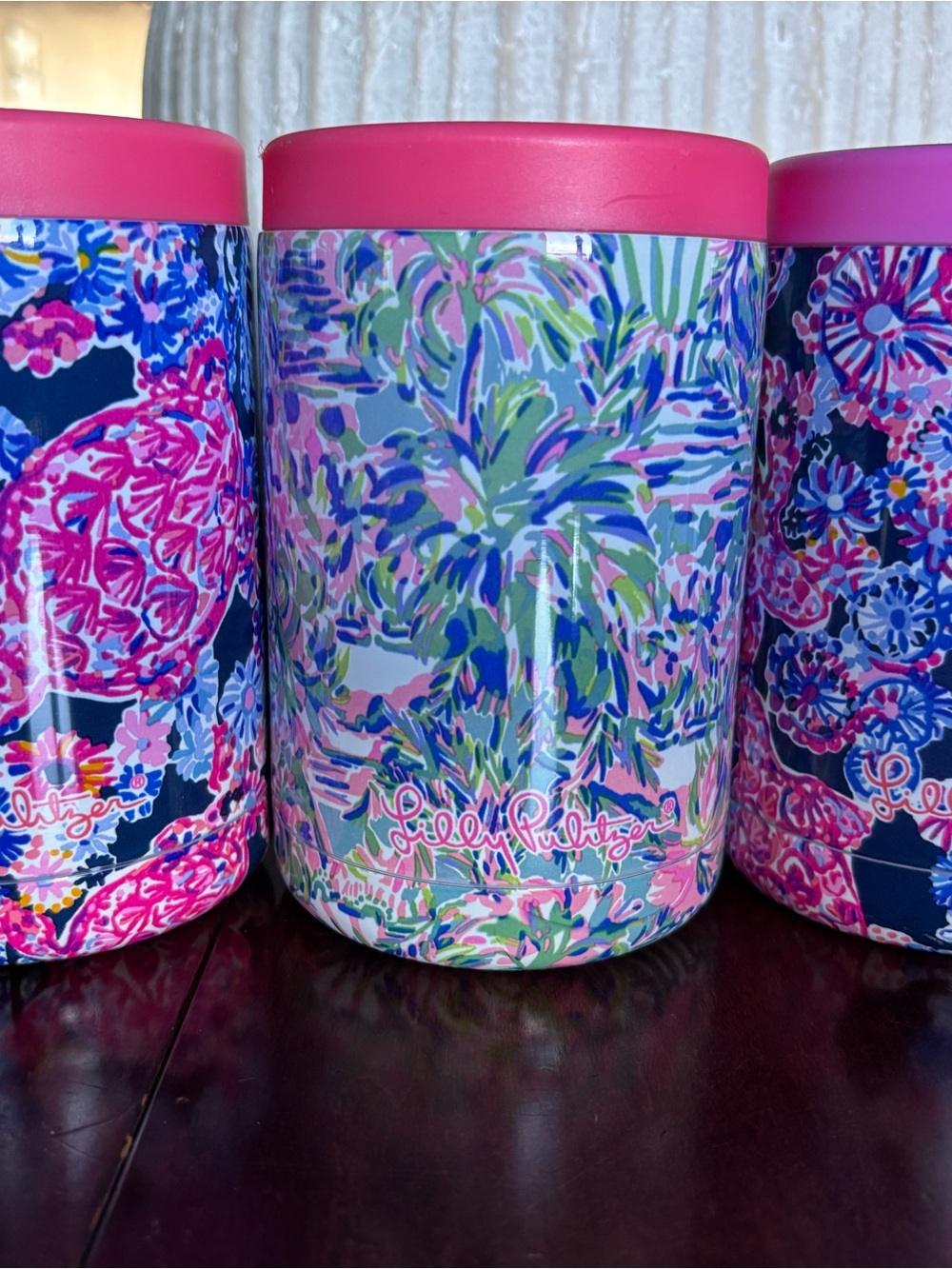 Lilly Pulitzer Pink, Blue & Green Tropical Insulated Can Cooler